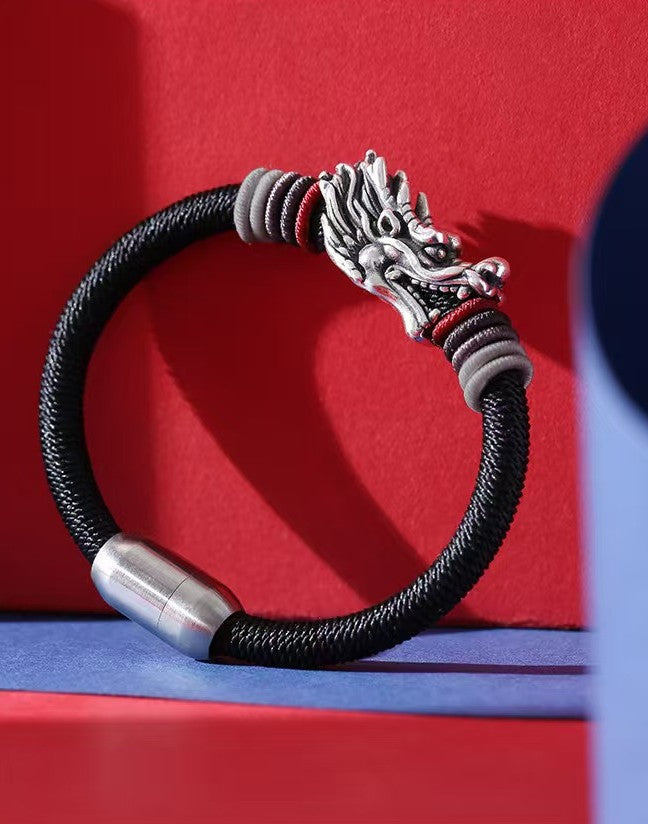 Men’s Sterling Silver Dragon Head Handmade Rope Bracelet -Protection&Luck