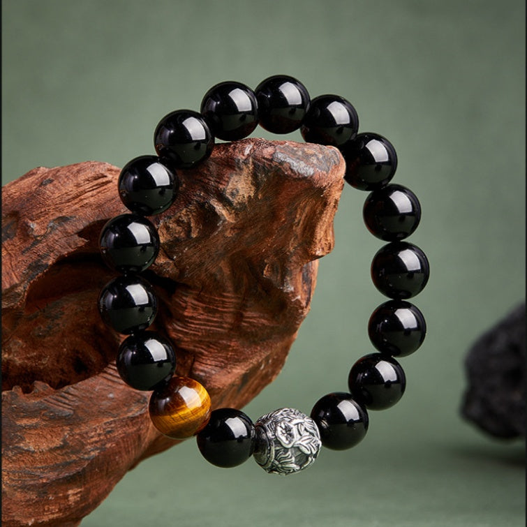 Chasing Light-Obsidian & Tiger's Eye Silver Bead Bracelet
