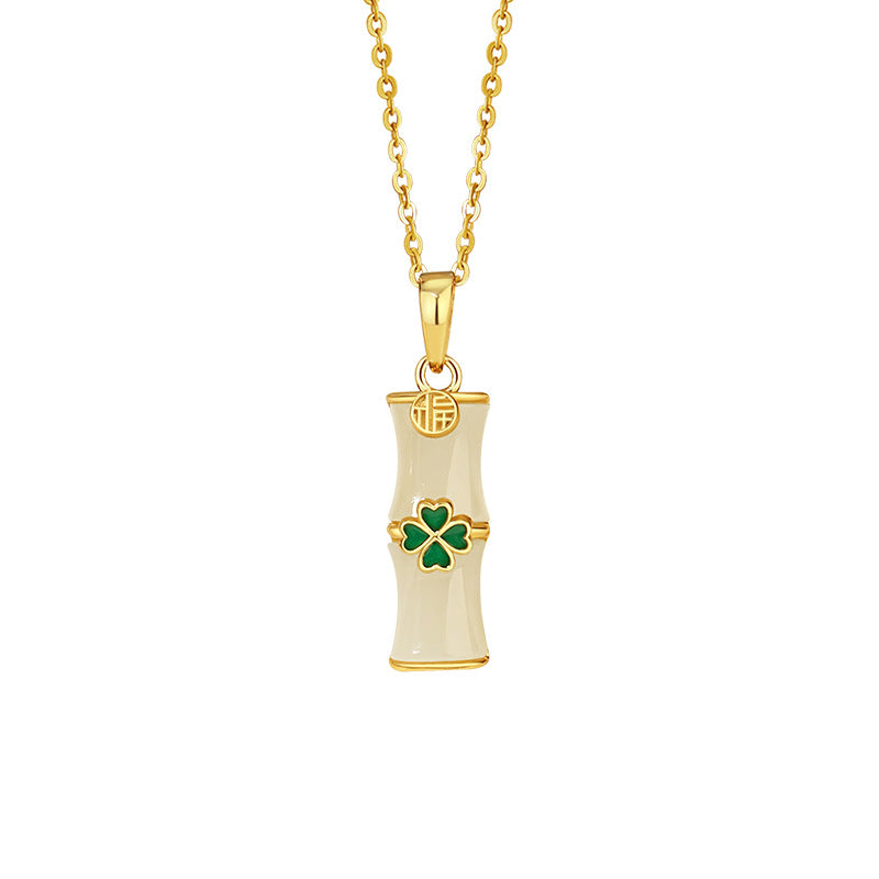 A Wish for Peace and Happiness-Bamboo Clover Nephrite Jade Necklace