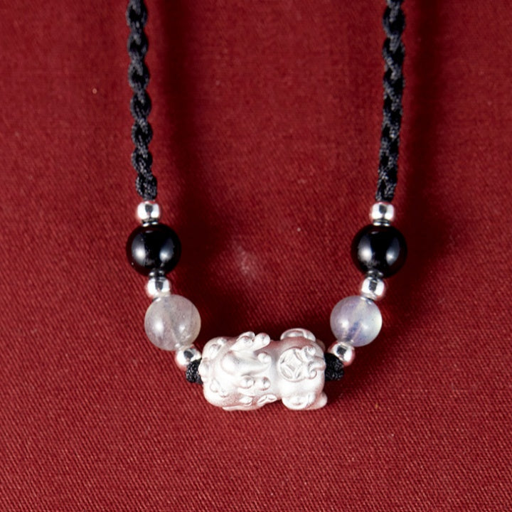 Pixiu Obsidian and Red Agate Braided Couple Necklace Set-Good Fortune Ahead