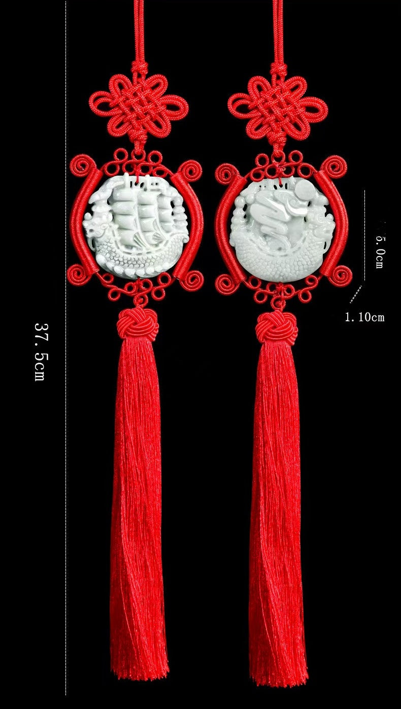 Jade Dragon Boat Car Hanging Ornament – Safe Journey & Success Charm with Red Tassel