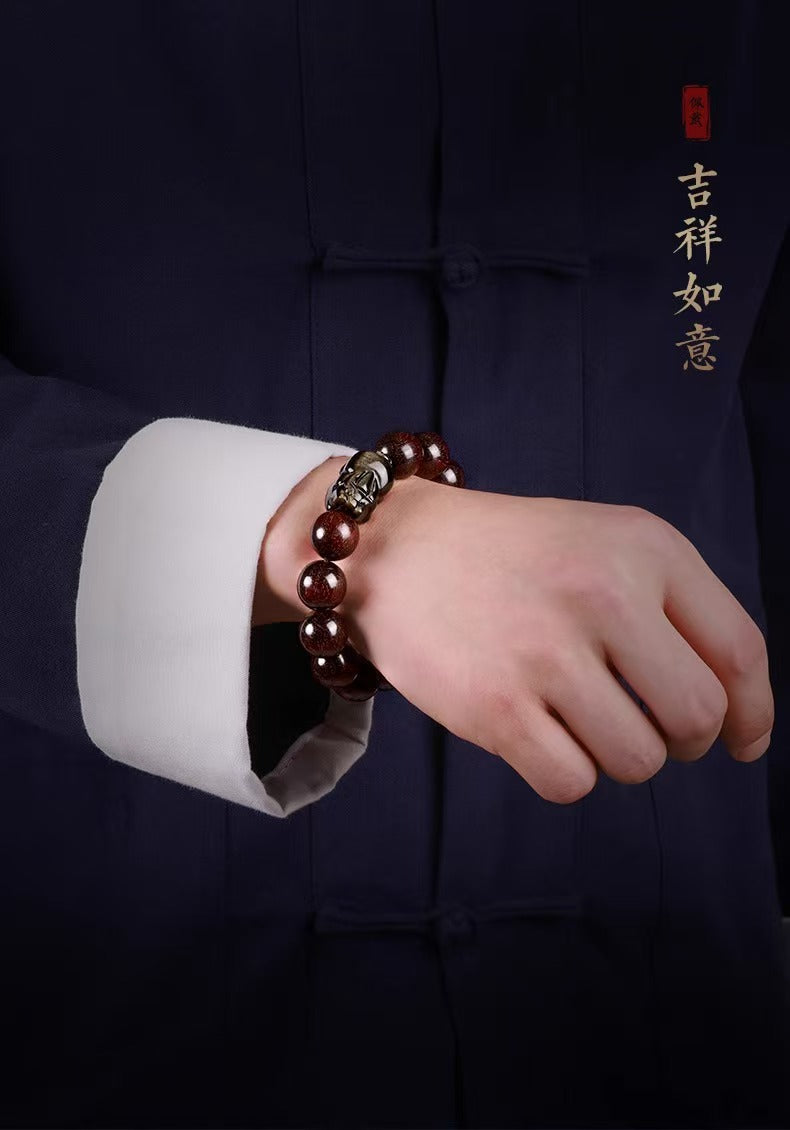 Red Sandalwood Bead Gold Obsidian Pixiu Bracelet -Attract Wealth