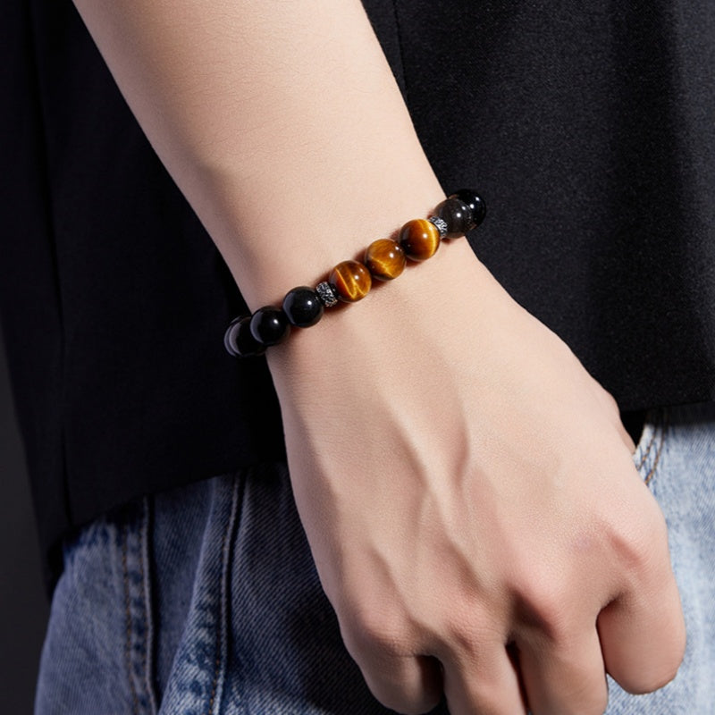 Silver Tiger Luster-Silver Obsidian & Tiger's Eye Beaded Bracelet