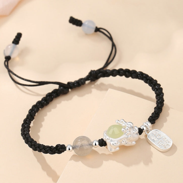 Pixiu Nephrite Jade Beaded Couple Cord Bracelet-Auspicious Protection