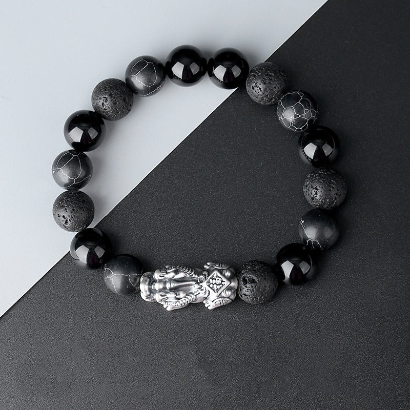 Welcoming Abundance-Pixiu Fine Silver and Obsidian Beaded Bracelet