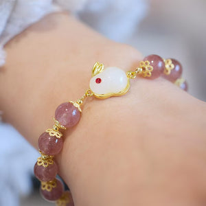 White Jade Rabbit Strawberry Quartz Bead Bracelet-Luck and Prosperity