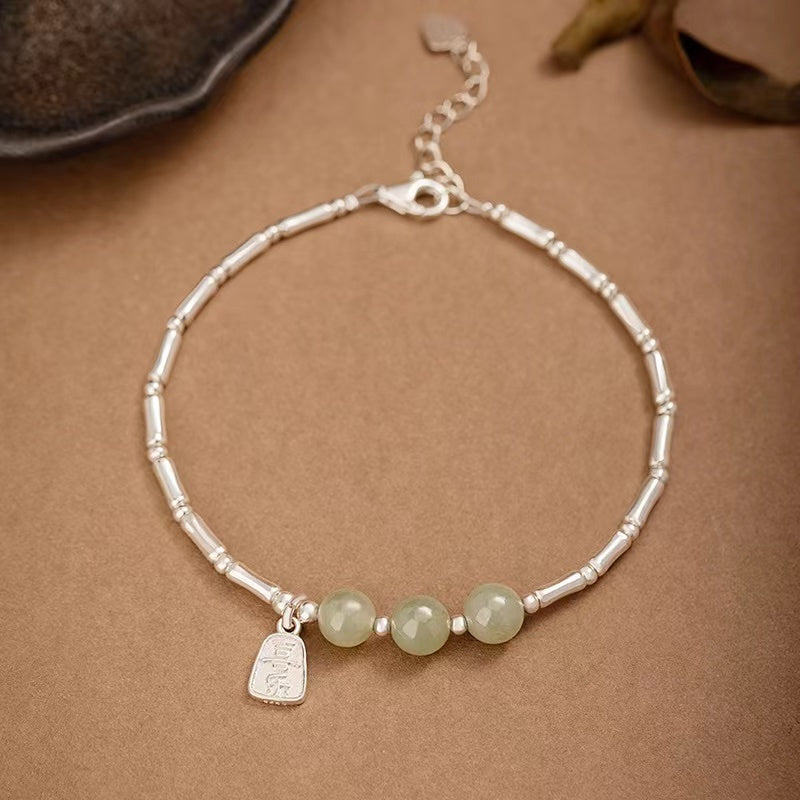Jade Beads Bamboo Silver Bracelet-Good Fortune and Prosperity