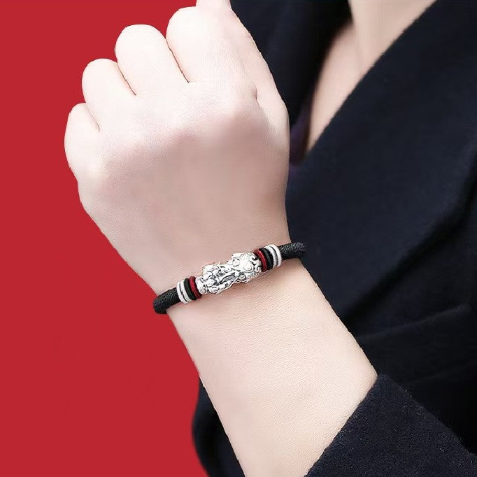 999 Silver Pixiu Handmade Rope Magnetic Clasp Bracelet-Attract Wealth