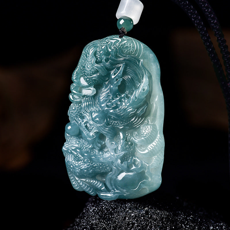 The Sovereign’s Shield: Ice-Blue Water Jadeite Dragon Pendant