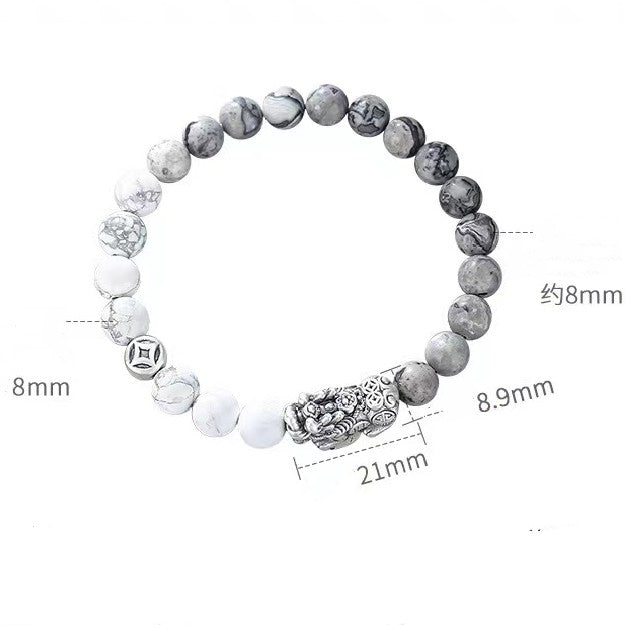 White Turquoise Beads Silver Pixiu Bracelet-Attract Luck