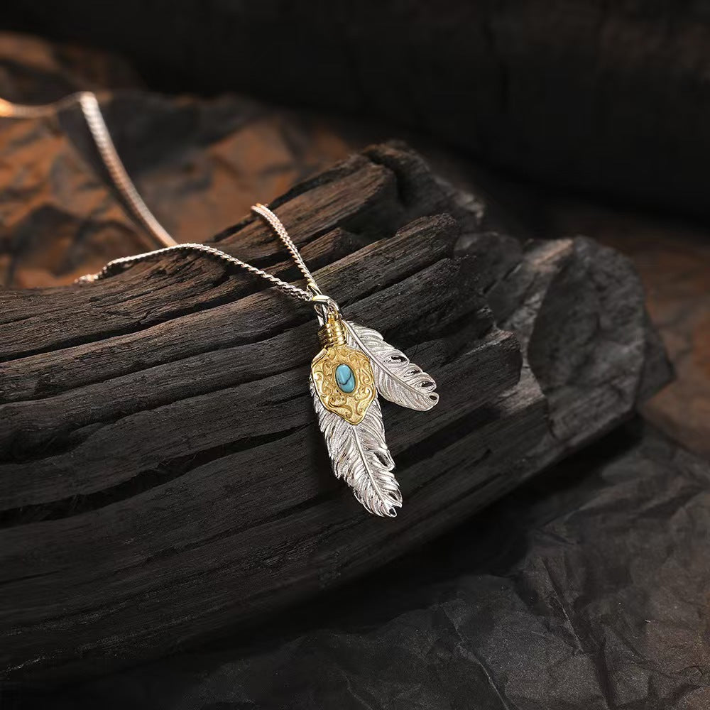 Natural Turquoise Silver Feather Necklace-Hope and Renewal