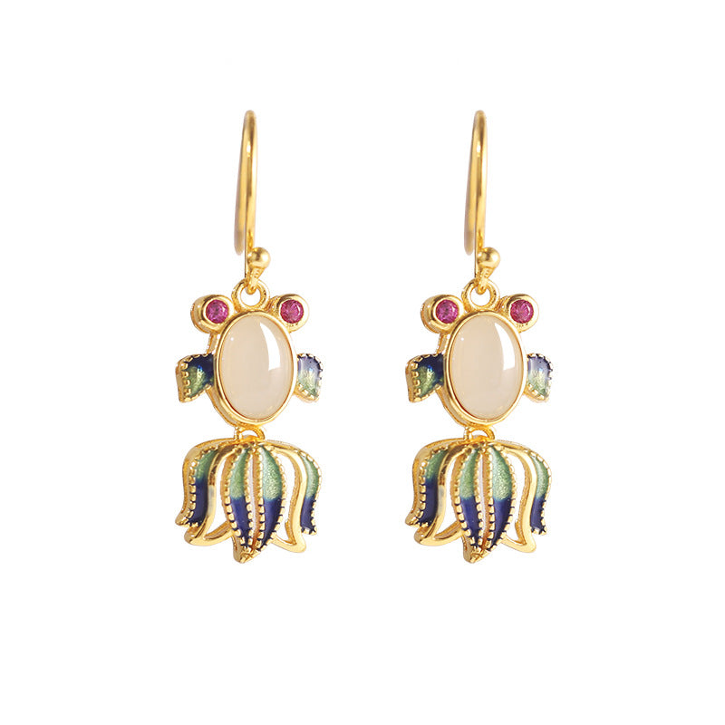 Koi Fish Nephrite Jade or Red Agate Drop Earrings-Wishes for Plenty