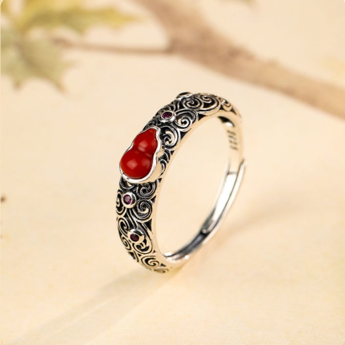 Lasting Blessings-Gourd & Cloud Red Agate Silver Ring