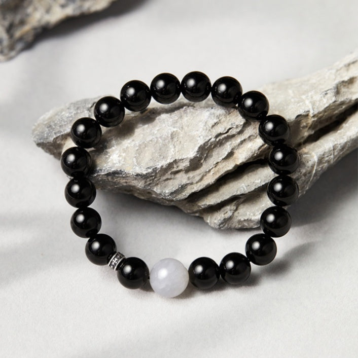 Obsidian & Cloud Quartz Bead Bracelet-Inner Completeness