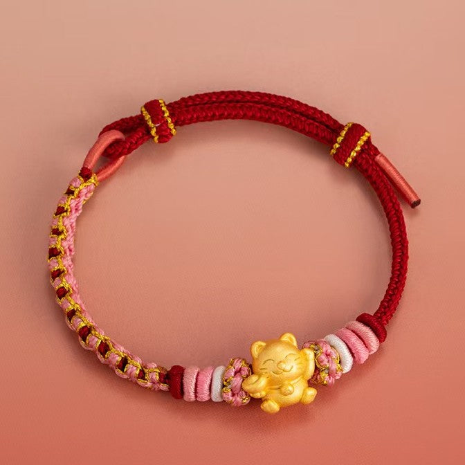 Wealth Cat Gold Ingot Red String Bracelet-Maneki neko