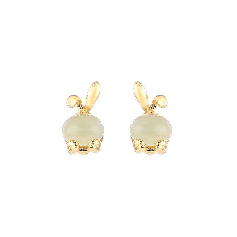 Bunny Nephrite Jade & Red Agate Stud Earrings-A Playful Little Wish