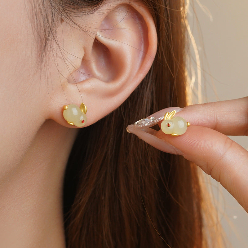 Moon Rabbit Nephrite Jade Stud Earrings-Dewlit Wishes