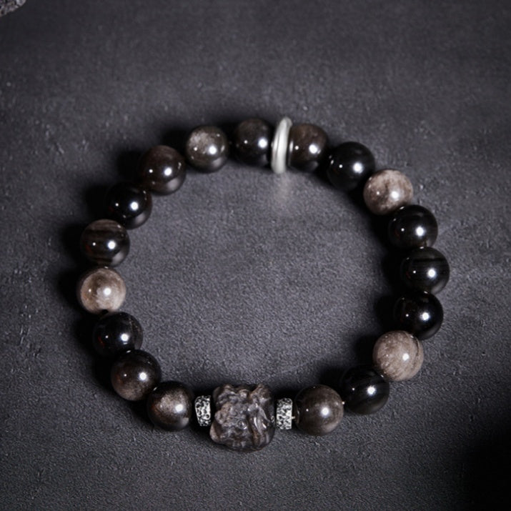 Awakened Lion-Silver Sheen Obsidian Fine Silver Bracelet