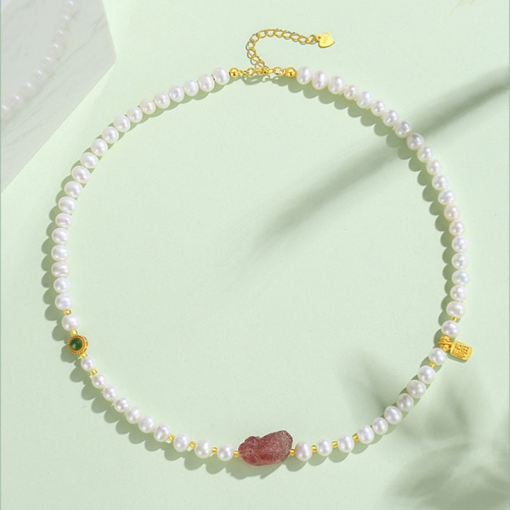 Pixiu Strawberry Quartz Sunstone Freshwater Pearl Bracelet-Joyful Blessings