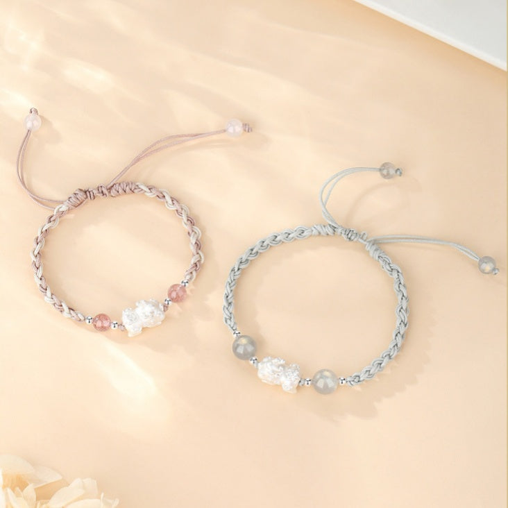 Pixiu Strawberry Quartz Grey Moonstone Couple Cord Bracelet-Joyful Blessing