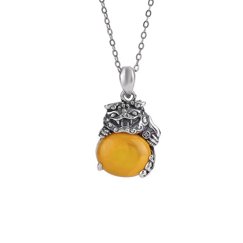 Pixiu Yellow Agate Silver Necklace -Balance and Prosperity