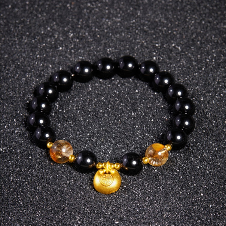 Fu Blessing Obsidian and Yellow Phantom Quartz Bracelet-Steady Fortune and Calm