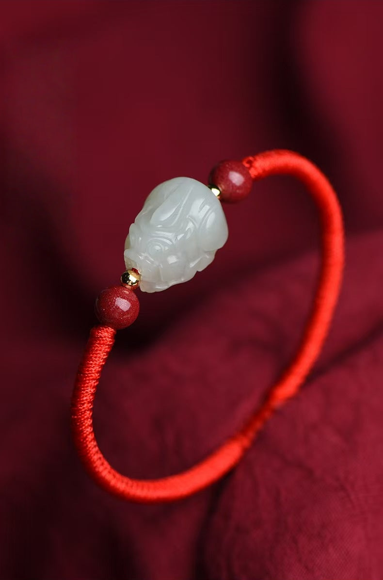 Hetian Jade Pixiu Hand-Woven String Couple Bracelet-Protection and Wealth