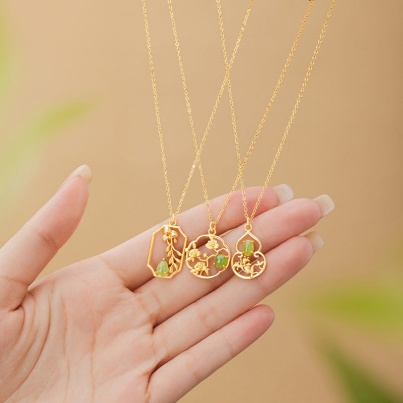 Fortune in Bloom-Floral & Gourd Green Jade Necklace