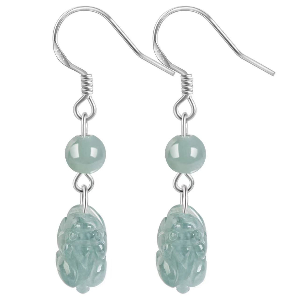 Pixiu Lucky Earrings-Natural Ice Jade/Pi Yao