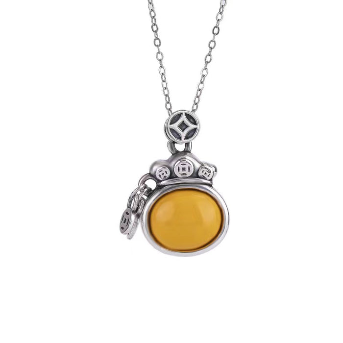 Yellow Amber Money Bag Silver Necklace-Luck Prosperity