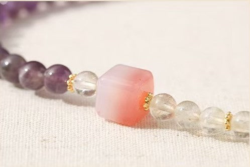 Square Pink Agate Amethyst and Citrine Double-Strand Bracelet