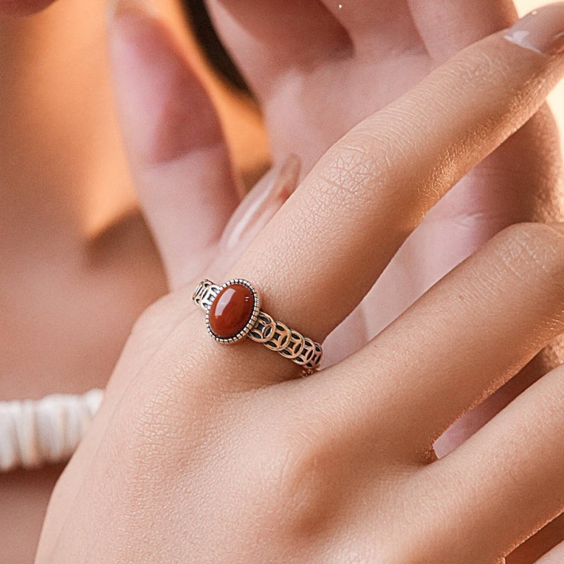 Ancient Coin Red Agate S925 Silver Adjustable Ring-Timeless Radiance