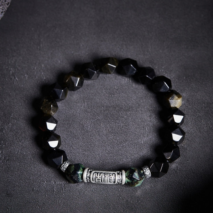 Blessings and Harmony-999 Fine Silver Auspicious Words Rhombus Obsidian Beaded Bracelet