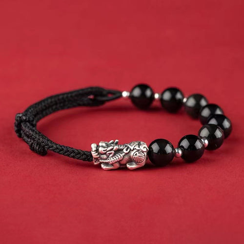 Silver Pixiu Obsidian Beads String Bracelet-Attract Luck