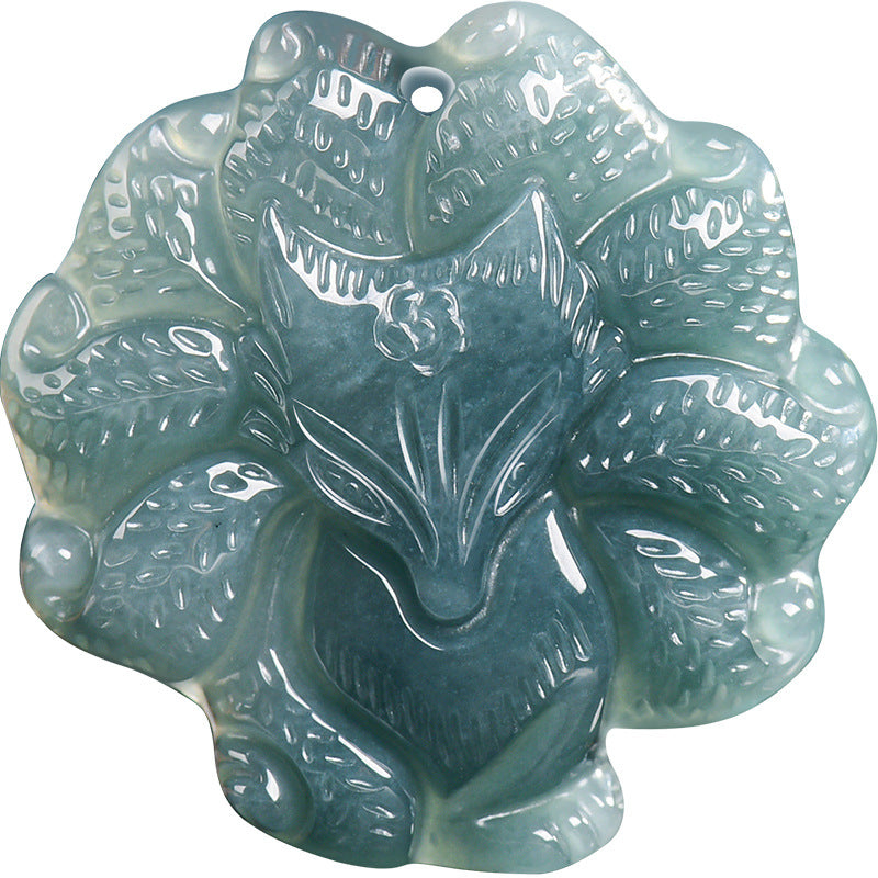 Nine-Tailed Fox Natural Blue Jadeite Pendant – Genuine A Jade Necklace in Glutinous Variety