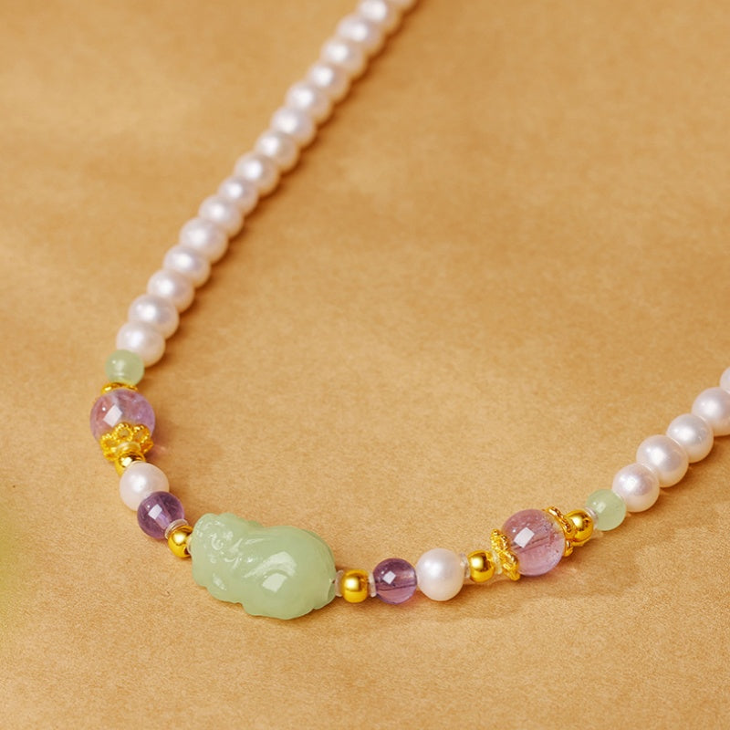 Pixiu Nephrite Jade and Freshwater Pearl Necklace-Welcoming Blessings