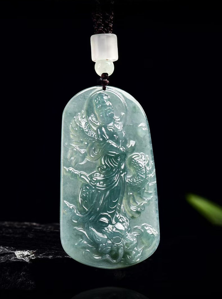 Natural Jadeite Guanyin with Dragon Pendant – Hand-Carved Ice-Type Jade