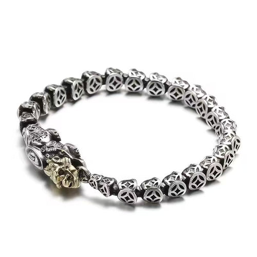 Vintage Silver-Plated Pixiu Coin Bracelet – Bold Design for Wealth & Protection