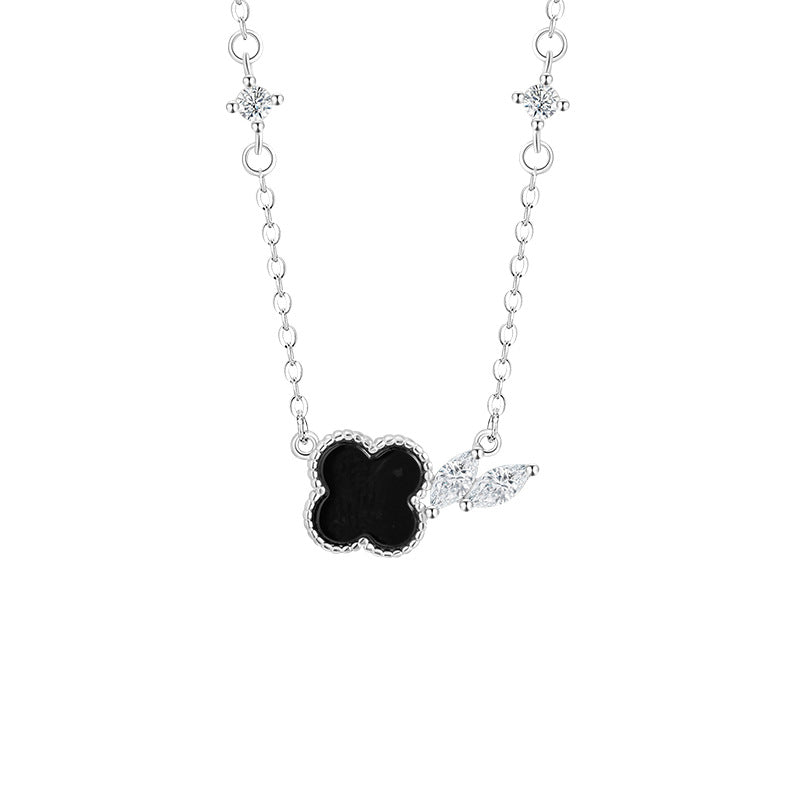 Clover Flower Black Agate Necklace-Love in Bloom