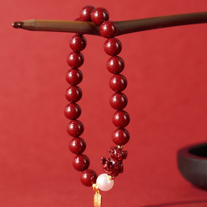 Pixiu Pressed Cinnabar Beaded Bracelet-Gathering Fortune