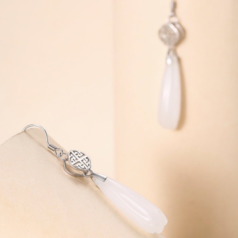 White Jade Magnolia Flower Silver Earrings
