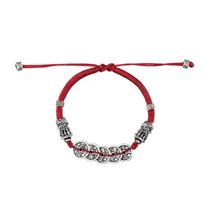 Five Emperors Coins Double Pixiu Red String Bracelet-Attract Luck