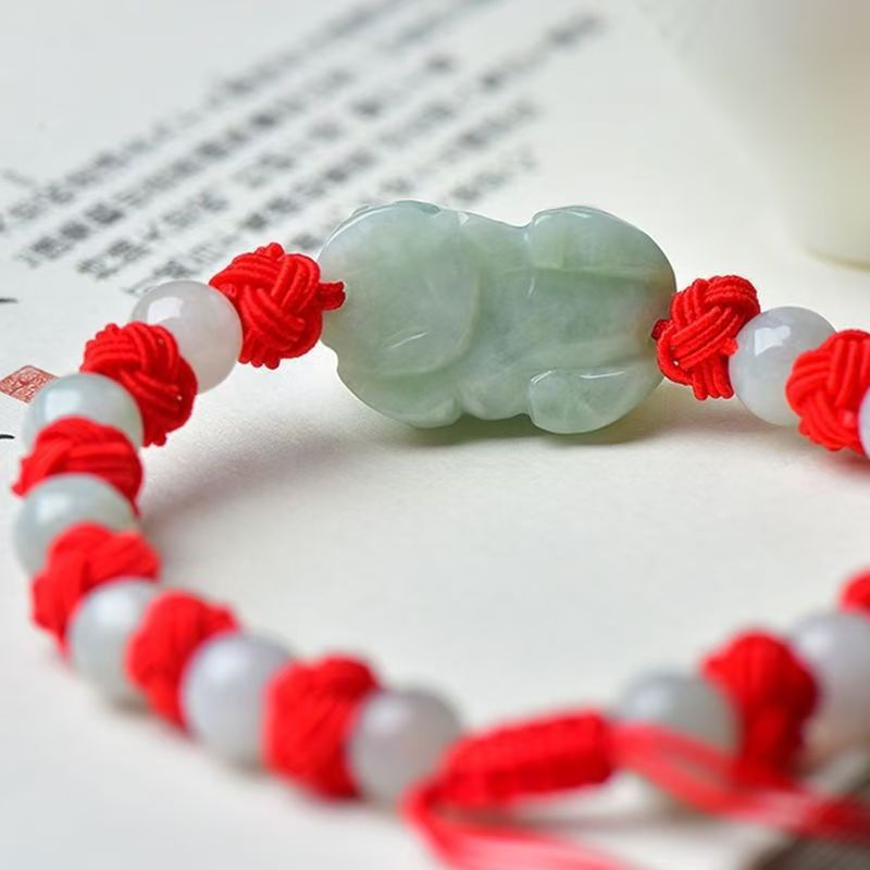 Grand A Natural White Jade Pixiu Red Rope Wealth Bracelet