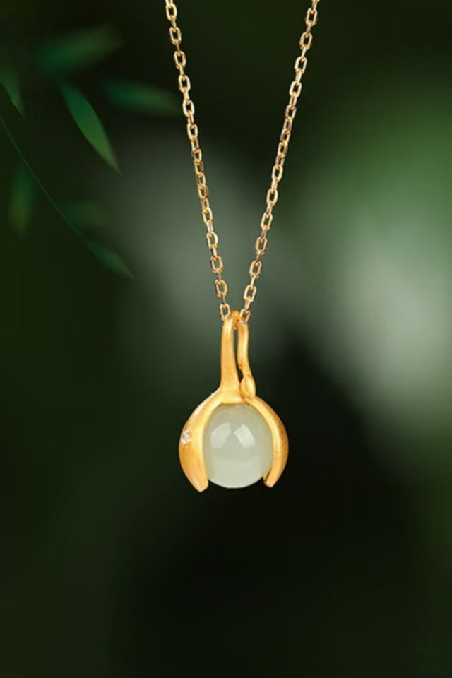 Gentle Essence Hetian Jade Pendant Necklace– S925 Sterling Silver with Ancient Gold Finish