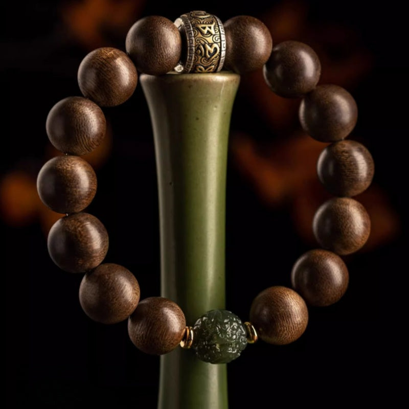 Agarwood Bracelet with Hetian Jade Pixiu & Mantra Bead-Steady Fortune