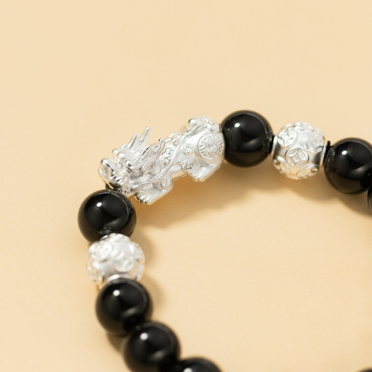 Prosperity & Protection-Pixiu Coin Obsidian Fine Silver Bracelet  Product