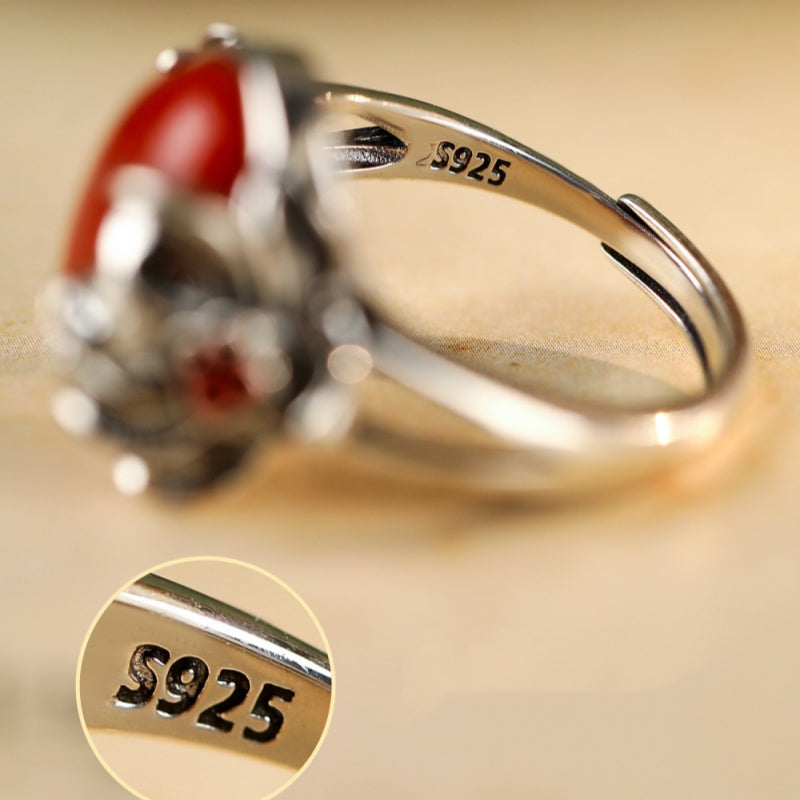 Crimson Bloom-Lotus Red Agate S925 Silver Ring