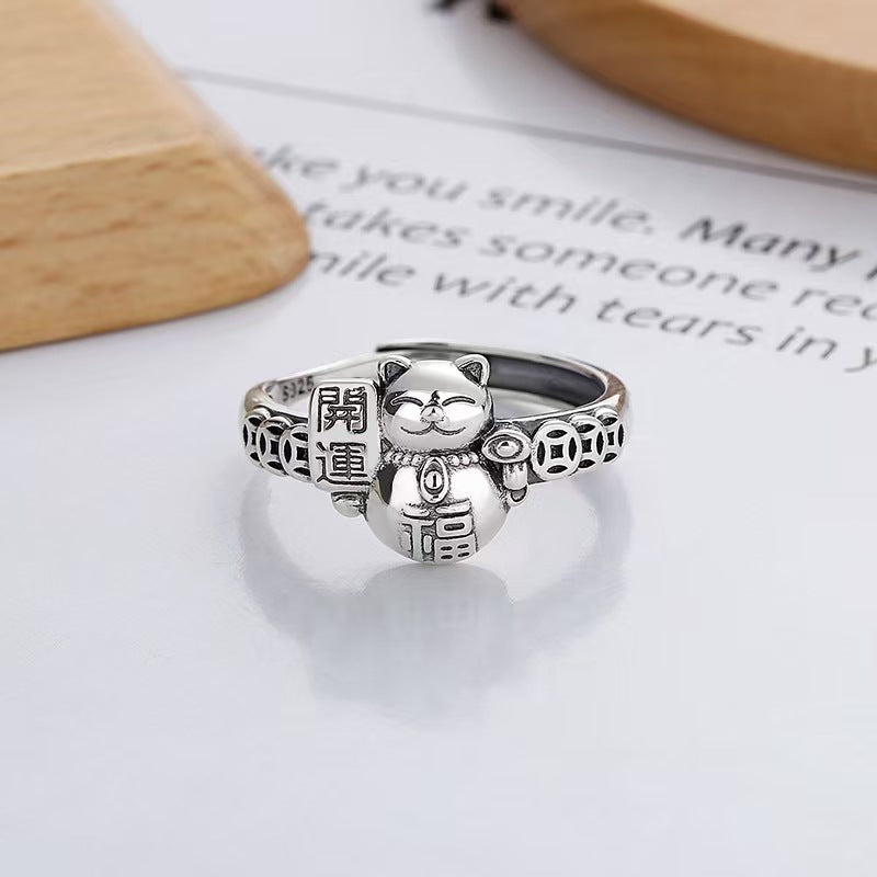 Wealth Cat Maneki Neko Silver Ring-Good Fortune and Luck