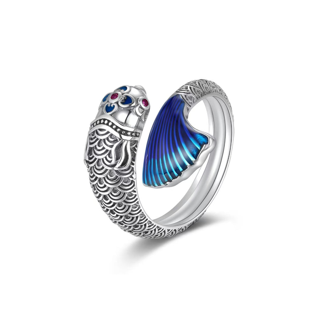Cloisonné Koi Fish Ring – Sterling Silver Enamel Lucky Ring for Wealth and Prosperity