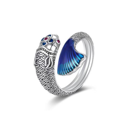 Cloisonné Koi Fish Ring – Sterling Silver Enamel Lucky Ring for Wealth and Prosperity